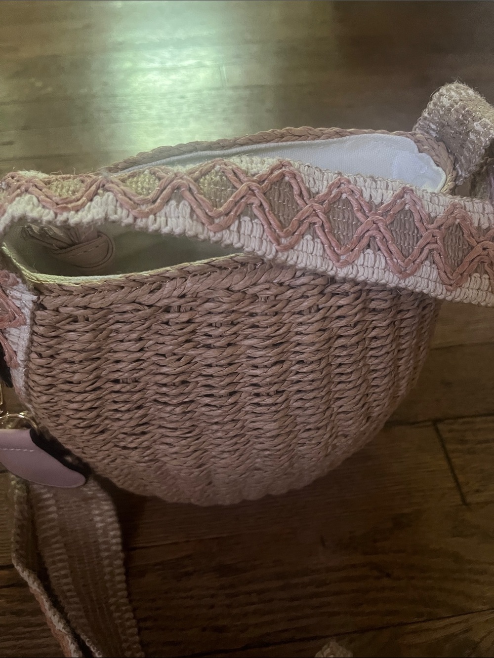 Woven Round Crossbody Bag with Pink Accent Strap